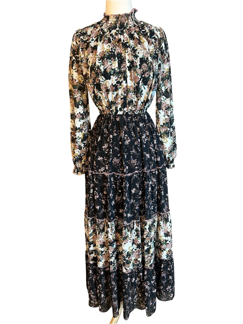 Melloday Smocked Mock Neck Multi Floral Boho Maxi Dress Black Pink size XS